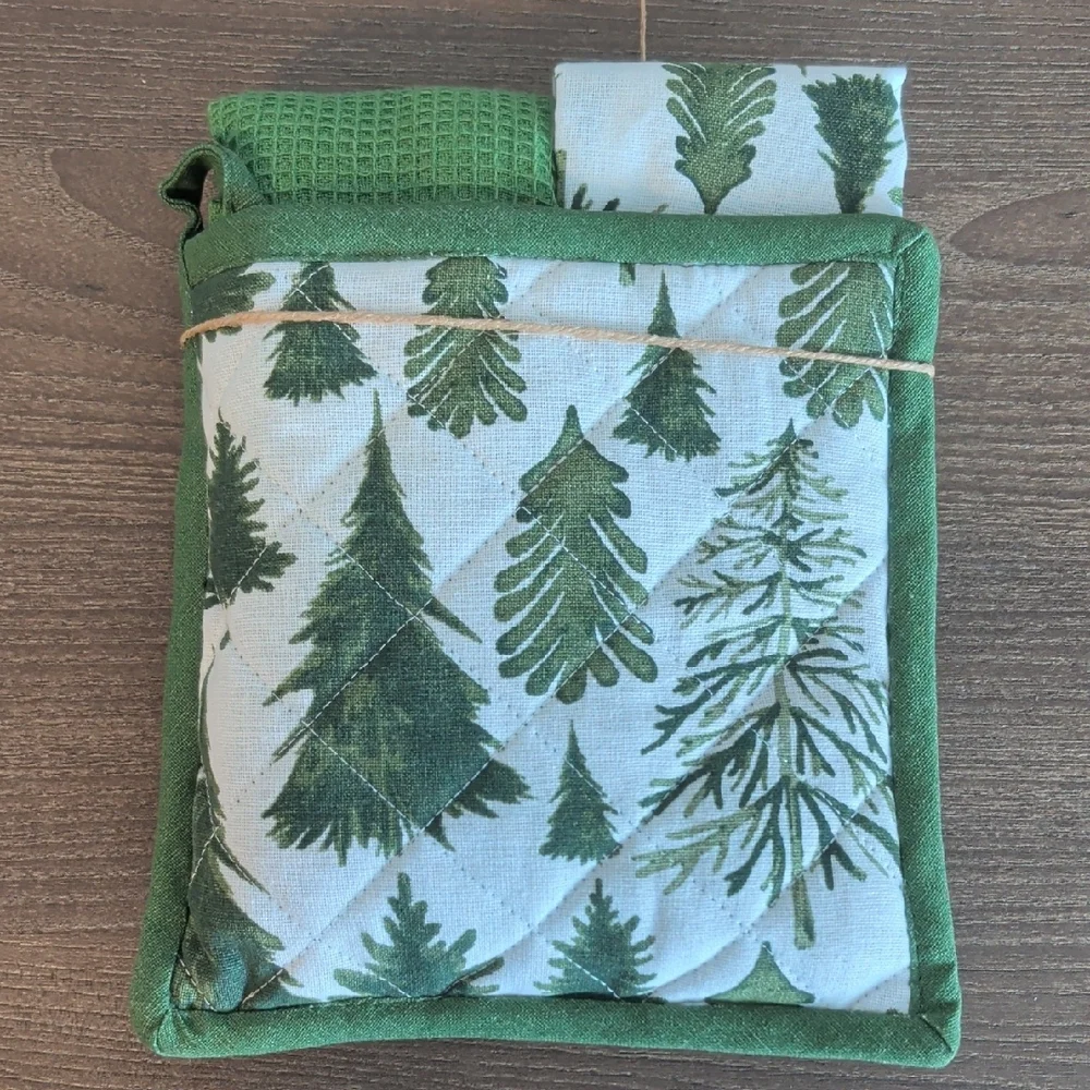 Pd Home Evergreen Pine Tree Green  Kitchen Towel Potholder Oven Mit Set